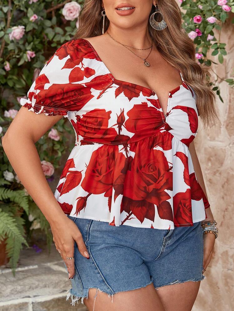 Plus Size Vacation Rose Printed Shirt With Sweetheart Neckline