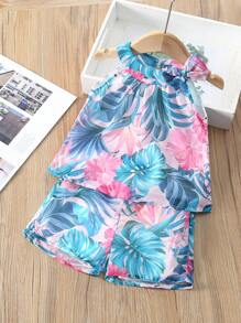 Bộ quần short và áo không tay in họa tiết voan nhiệt đới cho bé gái - Nhiều màu - Xem 1