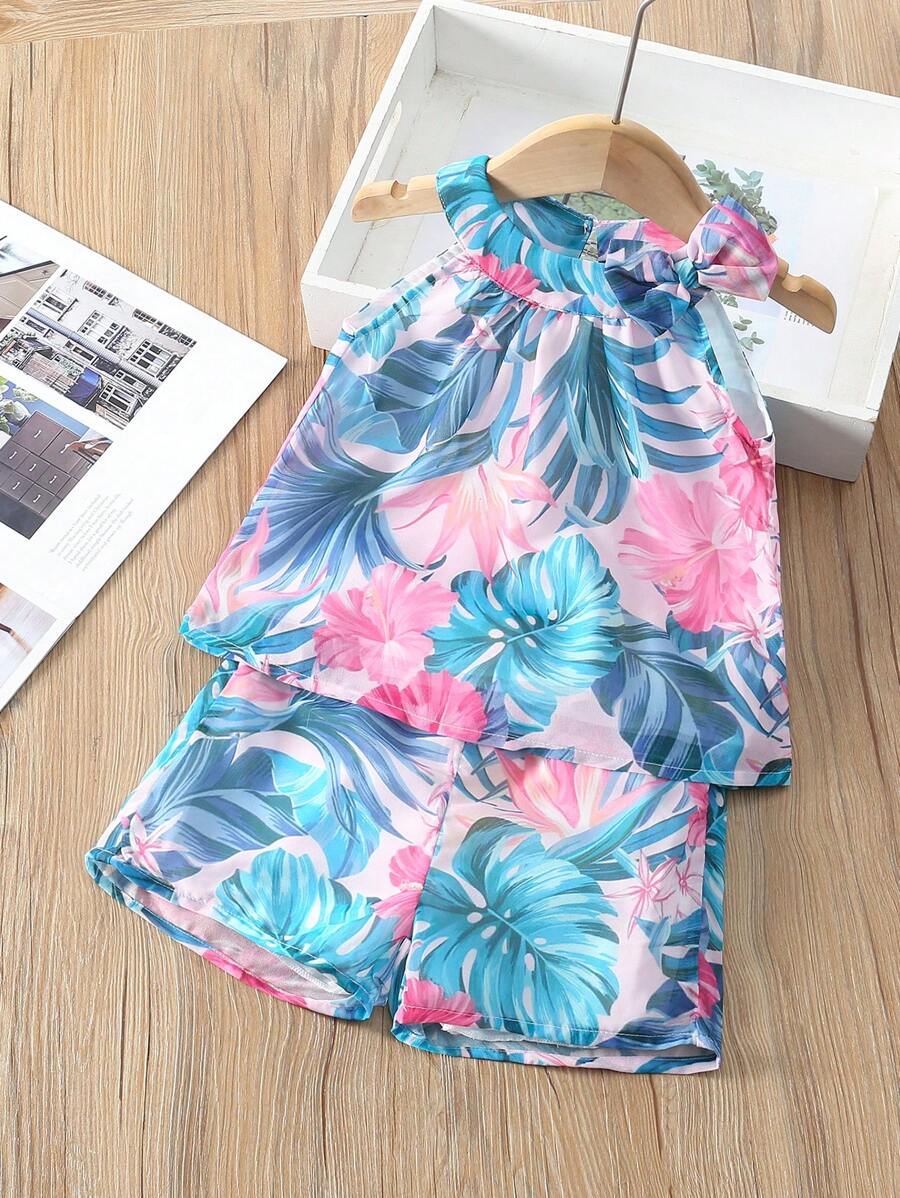 Bộ quần short và áo không tay in họa tiết voan nhiệt đới cho bé gái - Nhiều màu - Xem 1