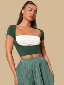 SHEIN Tall Women's Colorblock Fashion Top - Green - View 3