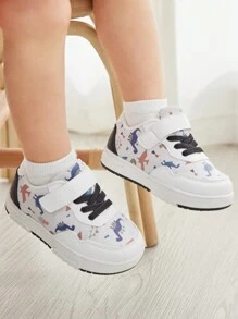 Cozy Pixies Boys' Casual, Fashionable, & Cute Dinosaur Printed Canvas Shoes With Cartoon Style, Anti-Collision Toe Design, Adjustable Hook And Loop And Waterproof Properties