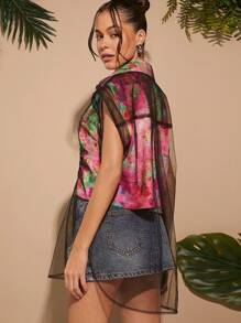 SHEIN Unity 褶饰网眼覆盖印花纽扣上衣 - 彩色 - 查看 2