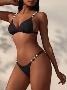 SHEIN Swim 貝殼肩帶女士比基尼套裝，丁字褲比基尼泳裝海灘裝適用於夏日度假 - 黑色 - 查看 3