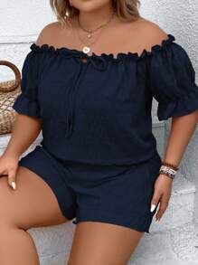 SHEIN VCAY 大码波西米亚风露肩荷叶边上衣和短裤夏季两件套 - 藏蓝色 - 查看 1