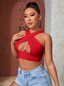 SHEIN SXY Women's Solid Color Cross Front Cut Out Crop Top - Red - View 5