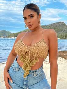 SHEIN SXY Summer Vacation Beach Cropped Khaki Tank Top For Summer