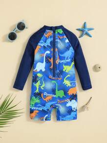 SHEIN Traje De Baño De Una Pieza De Manga Larga Para Bebé Con Patrón De Dinosaurio De Caricatura Y Bloque De Color - Azul - Ver 2