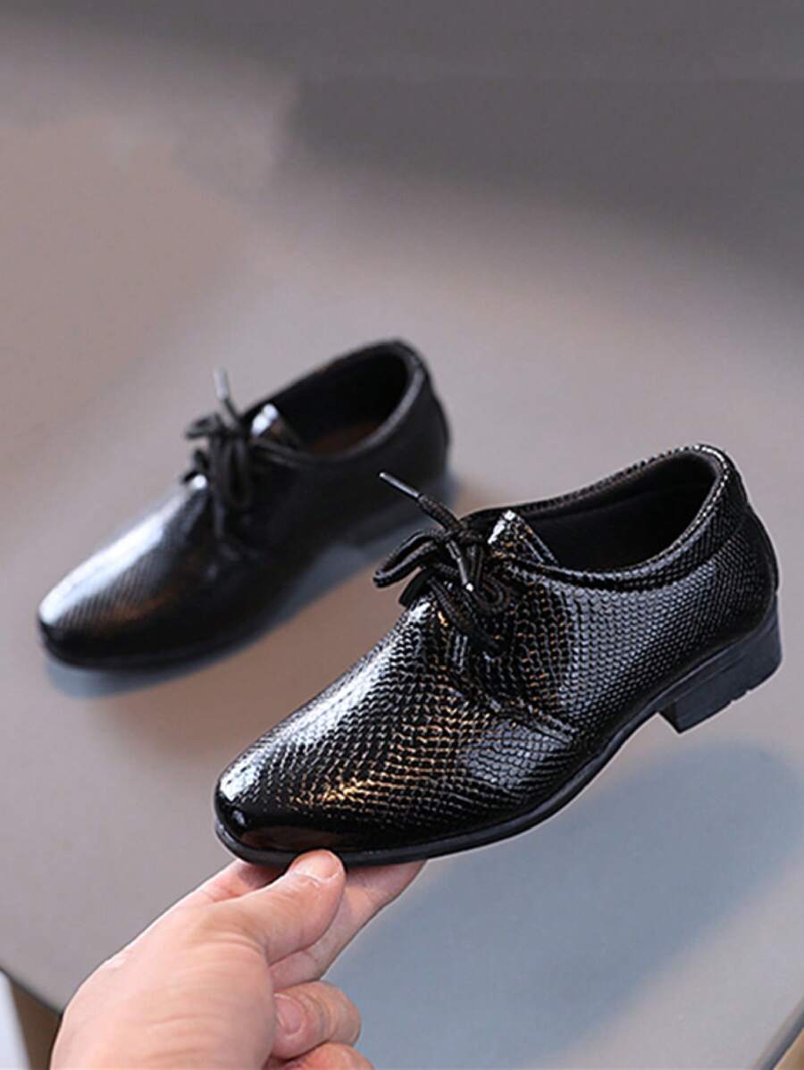 Children's Snake Skin Pattern Flat Shoes For Boys, Pointed Toe Leather Party Black Shoes - Black - View 1