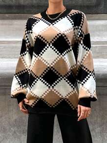 Cloudara Argyle Pattern Drop Shoulder Sweater & Knit Pants - Black - View 3