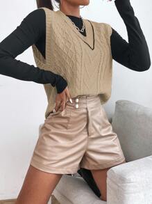 SHEIN Essnce Chaleco De Suéter De Cuello En V De Color Sólido Para Mujer - Albaricoque - Ver 3
