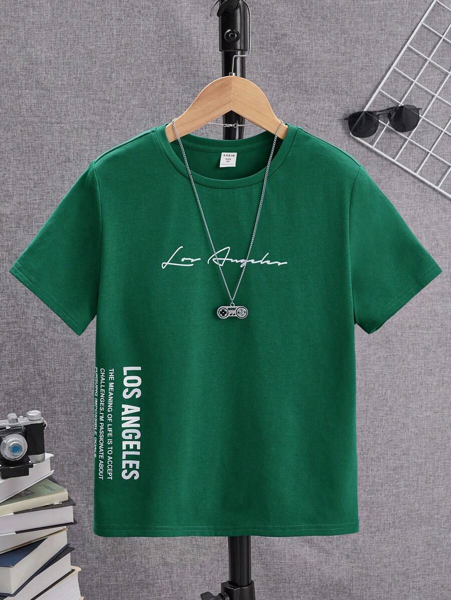 SHEIN Tween男孩休閒口號印花圓領套頭短袖T恤