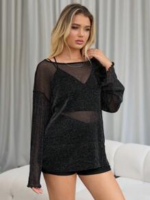 Firerie Women's Elegant And Sexy Sheer Mesh Off Shoulder Loose Top With Ruffle Commuting Daily Date Party Detail, Shimmery, Anti-Uv, For Spring/Summer 2024 (No Breast Wrap), Perfect For Vacation, Outing, Music Festival, Shopping, Date, Cocktail Party