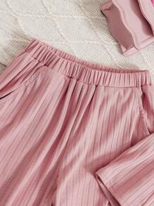 SHEIN Young Girl Round Neck Layered Ruffle Sleeve T-Shirt And Straight Leg Pants 2pcs/Set - Pink - View 4