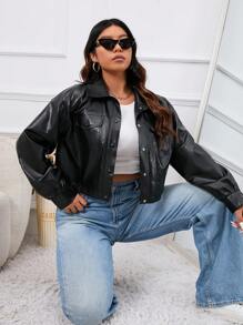 SHEIN EZwear 大碼翻蓋口袋落肩袖PU皮革夾克 - 黑色 - 查看 4