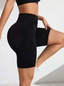 SHEIN Daily&Casual 單色高腰運動短褲 - 黑色 - 查看 3