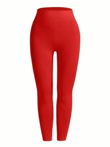 SHEIN Solid Color High Waist Sports Leggings - Red - View 6