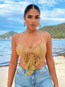 SHEIN SXY Summer Vacation Beach Cropped Khaki Tank Top For Summer