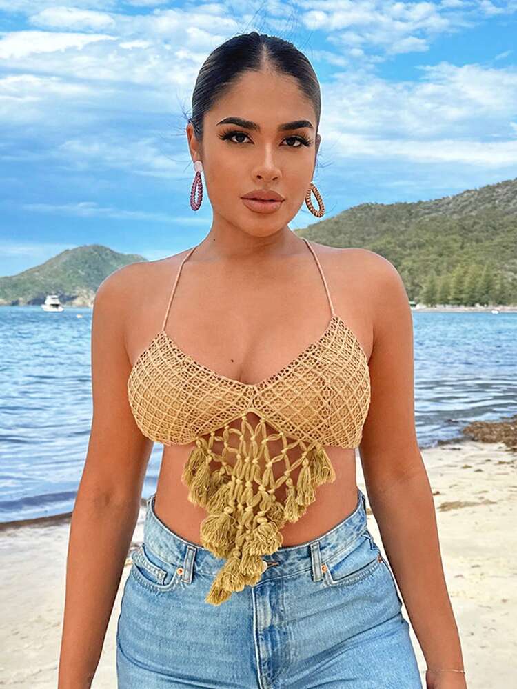 Summer Vacation Beach Cropped Khaki Tank Top For Summer