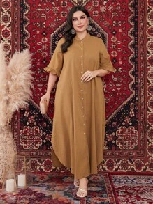 Seusyu Plus Size Stand Collar Bell Sleeve Shirt Dress - Brown - View 7