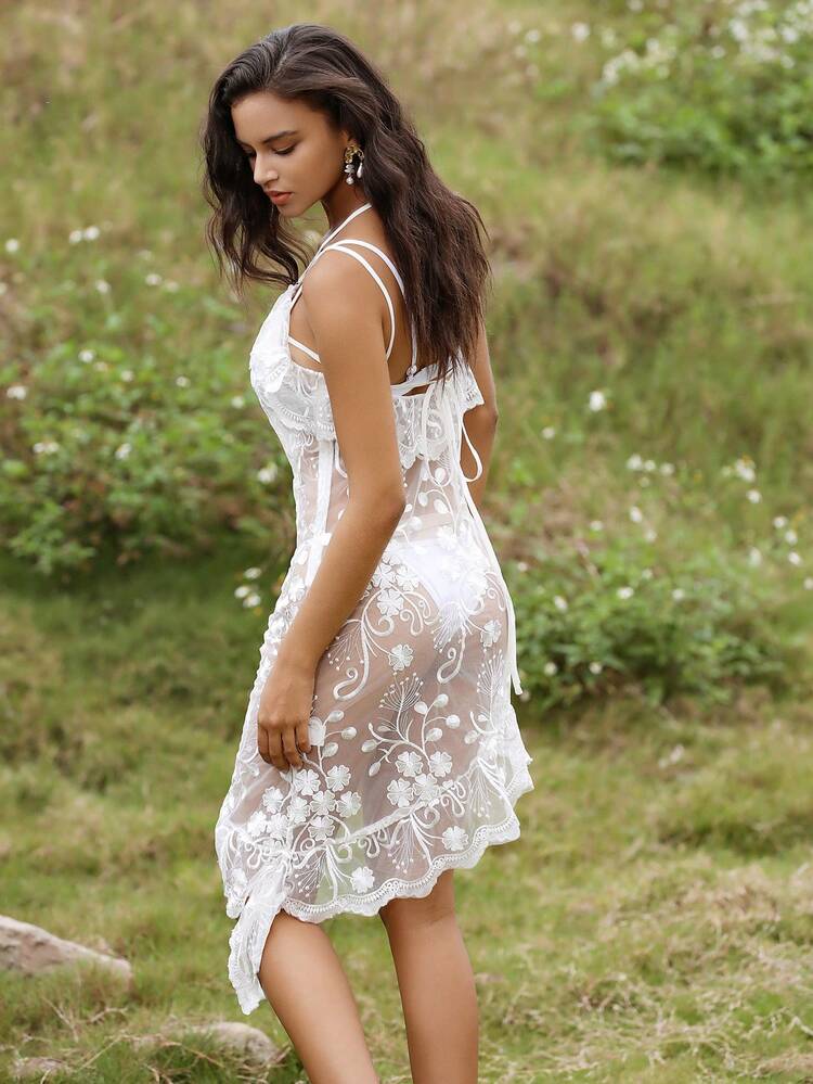 Women's Embroidered Flower Mesh Cami Dress