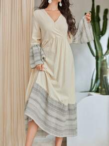 Al Najma Patchwork Striped V-Neck Flare Sleeve Dress - Apricot - View 5