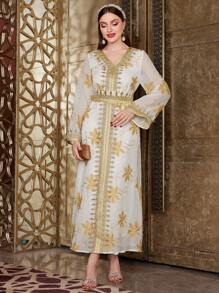 Al Najma Embroidery & Applique & Weave Design Dress - Apricot - View 4