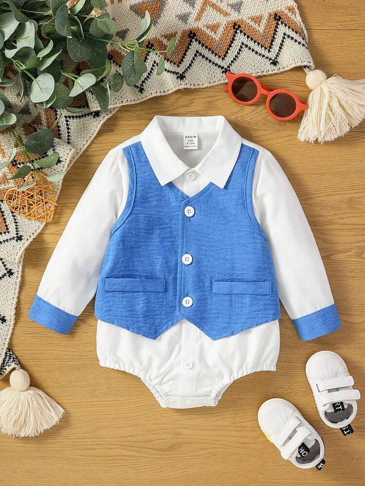Baby Boy British Gentleman Style Contrast Color 2 In 1 Button Open Long Sleeve Bodysuit Cute Casual Simple Fashion Spring And Summer