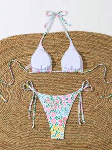 Swim Mod Women's Halterneck Printed Floral Two-Piece Bikini Set,Summer Beach - Multicolor - View 2