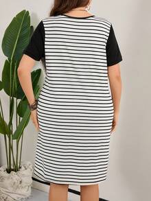 SHEIN LUNE 加大尺碼女士線條休閒復活節連衣裙 - 黑與白 - 查看 2