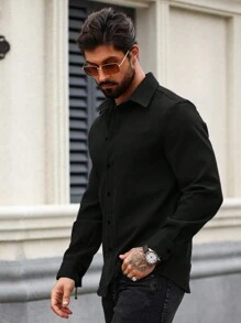 Manfinity Homme Men's Solid Color Casual Long Sleeve Shirt, Fall - Black - View 6