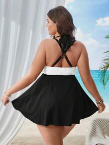 Swim Lushoire Summer Beach Plus Size Women's Color-Block Criss-Cross Bikini Set