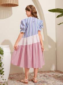 SHEIN Tween Girls' Loose Cute Round Neck Pullover Bubble Sleeve Patchwork Striped Color Block Midi Dress