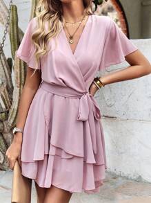 Breezaya Women's V-Neck Ruffle Sleeve Dress