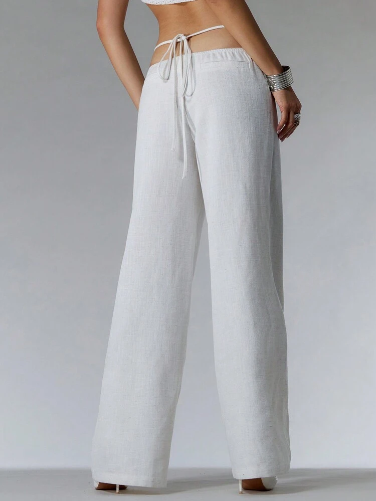 Linen Look Tie Side Straight Leg Trousers 90's Chic Elegant Vacation Summer Casual