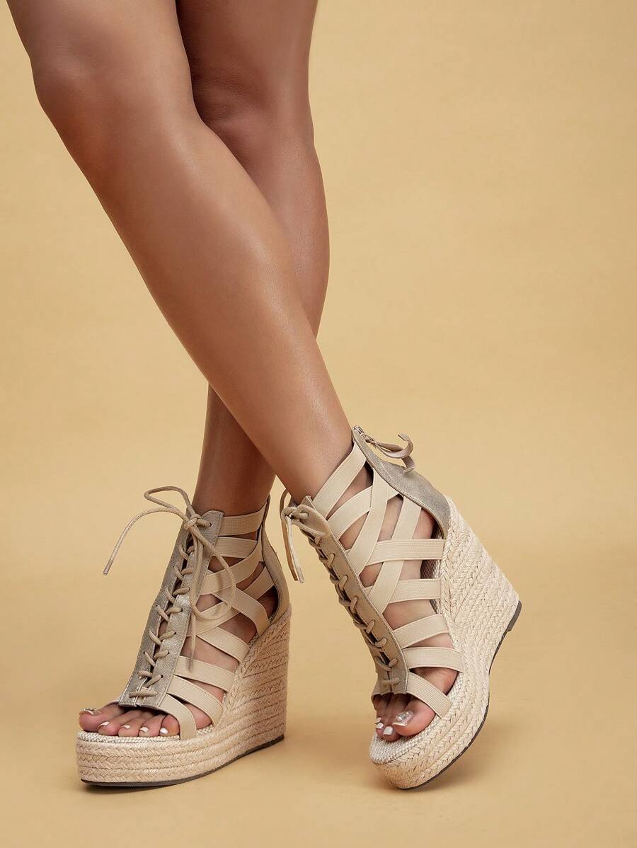 Wedge Heel & Waterproof Platform & Jute Gladiator Sandals - Gold - View 1