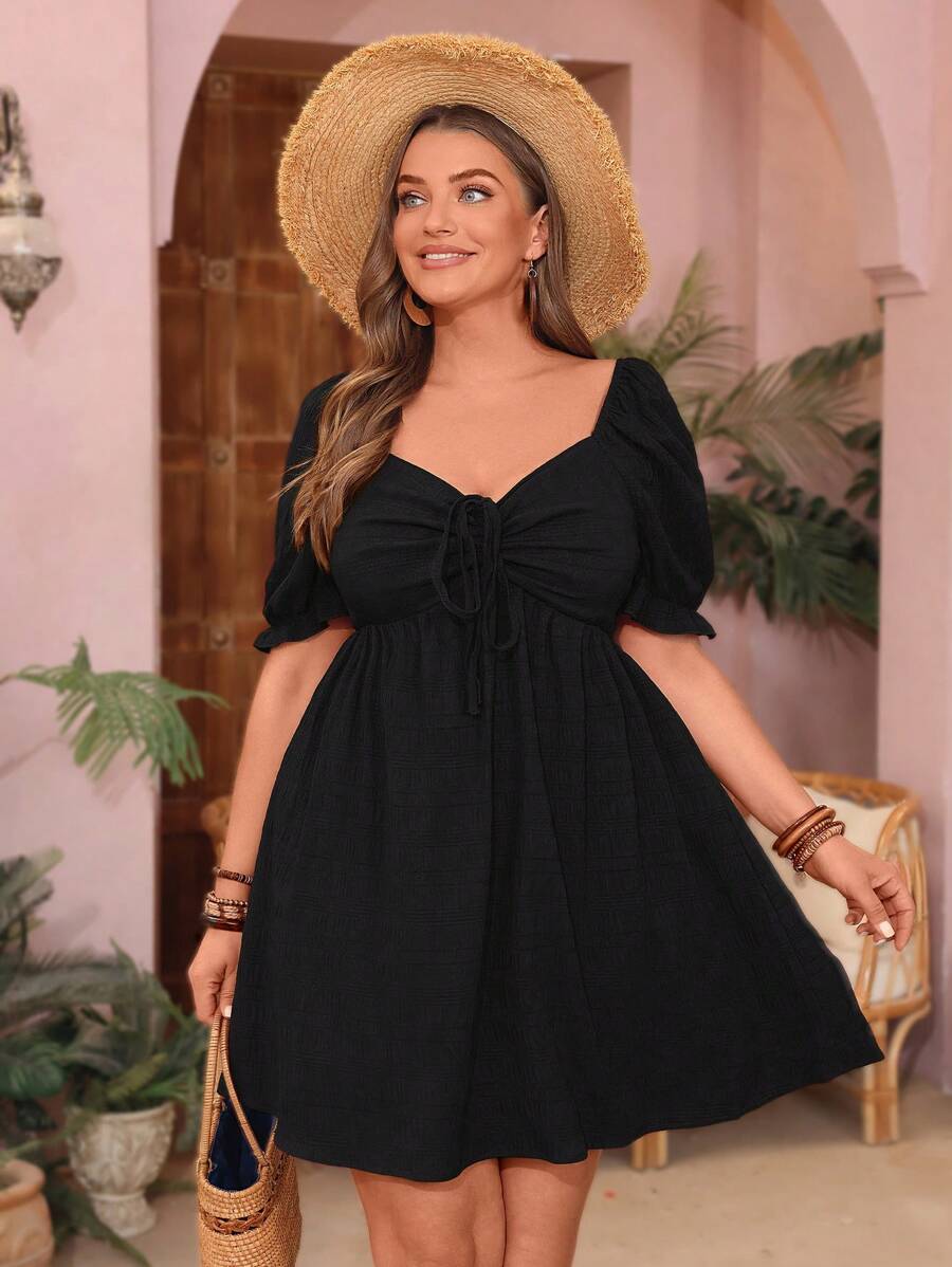 SHEIN Frenchy Plus Sweetheart Neck Puff Sleeve Knot Front Dress - Black - View 1