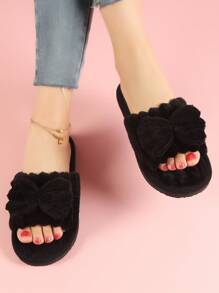 Bow Knot Fluffy Open-Toe Slippers For Women, Soft And Warm Indoor Home Slippers All Seasons