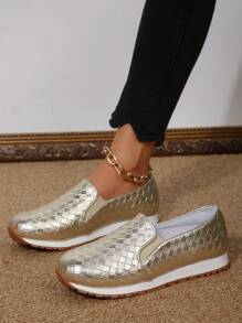 Women's Flat Gold Tone Elastic Comfortable Casual Shoes