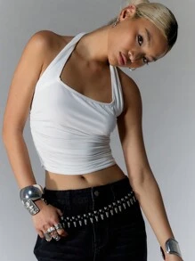 MUSERA Jersey Halterneck TopVacation Spring Summer Casual - White - View 5