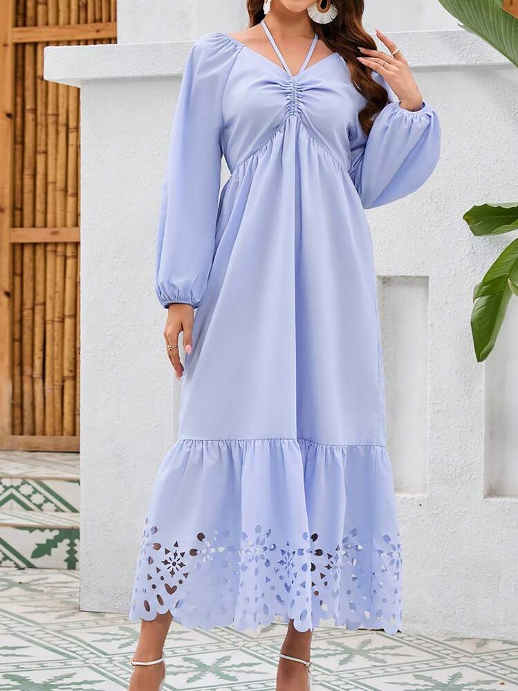 Seusyu Women's Solid Color Lantern Sleeve Dress With Ruffled Hem - Blue - View 5