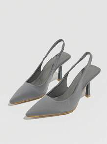Women's Pointed Toe Low Vamp Thin High-Heel Shoes With Thin Heel And Back Strap, Suede, Autumn, Elegant, Kitten Heels - Grey - View 4