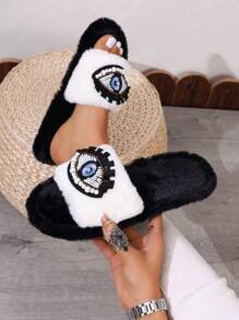 New Women's Plush Slippers With Glittering Rhinestone Eyes Decor, Fashionable,Comfortable, Warm, Open Toe Flat Shoes For Winter Home Floor,Furry Shoes,Fluffy Slippers - Black and White - View 3