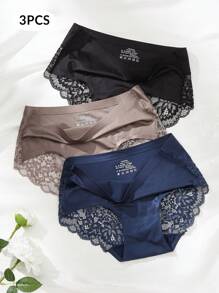 3pcs/Set Women's Ice Silk Lace Splicing Triangle Panties - Multicolor - View 1