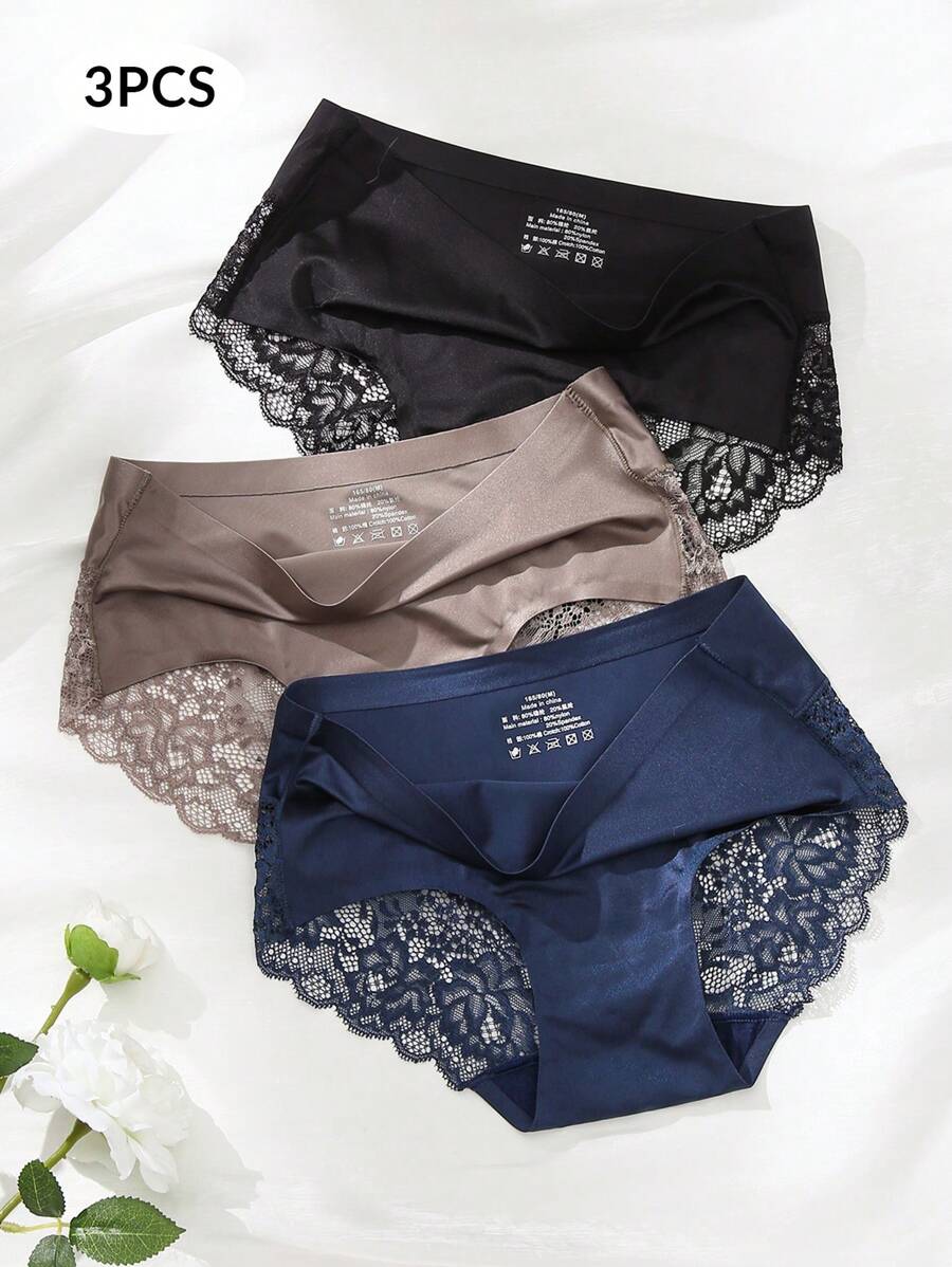 3pcs/Set Women's Ice Silk Lace Splicing Triangle Panties - Multicolor - View 1
