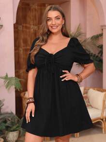 SHEIN Frenchy Plus Sweetheart Neck Puff Sleeve Knot Front Dress - Black - View 4