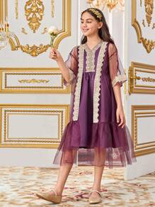 SHEIN Tween Girl Loose Cute Contrast Color Embroidered Mesh Jacket With Applique & V-Neck Dress Two Pieces Set - Purple - View 3