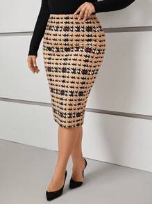 SHEIN Clasi Plus Size Women's Houndstooth Pattern Pencil Skirt