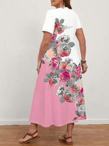 EMERY ROSE Váy dài tay ngắn in hoa hồng cỡ lớn cho nữ, mùa hè - Hồng - Xem 2