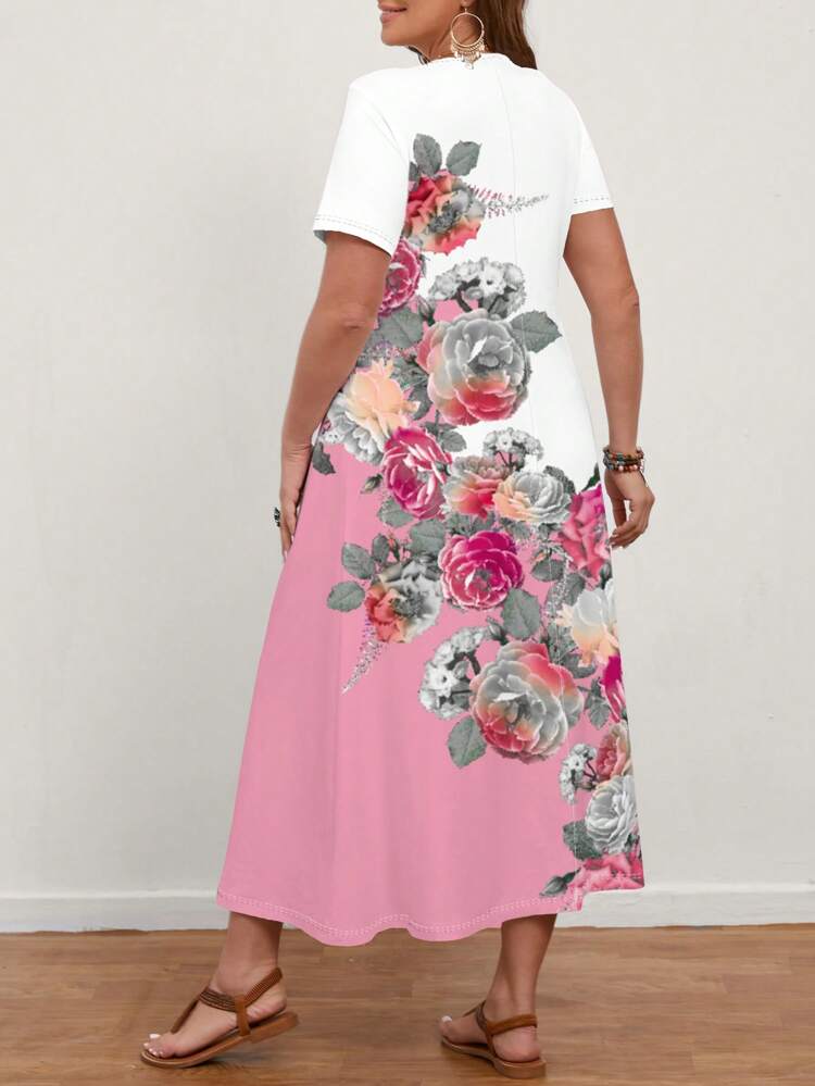 Women's Plus Size Rose Flower Printed Short Sleeve Long Dress, For Summer,Beach Dress Sundress,Holiday Outfits Boho
