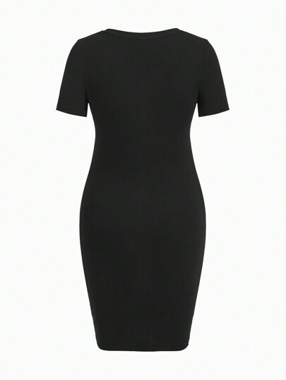 SHEIN Casual Simple Baby Faux Zipper Neck HELLO English Graphic Short Sleeve Midi Bodycon Maternity Dress, Suitable For Summer World Cup